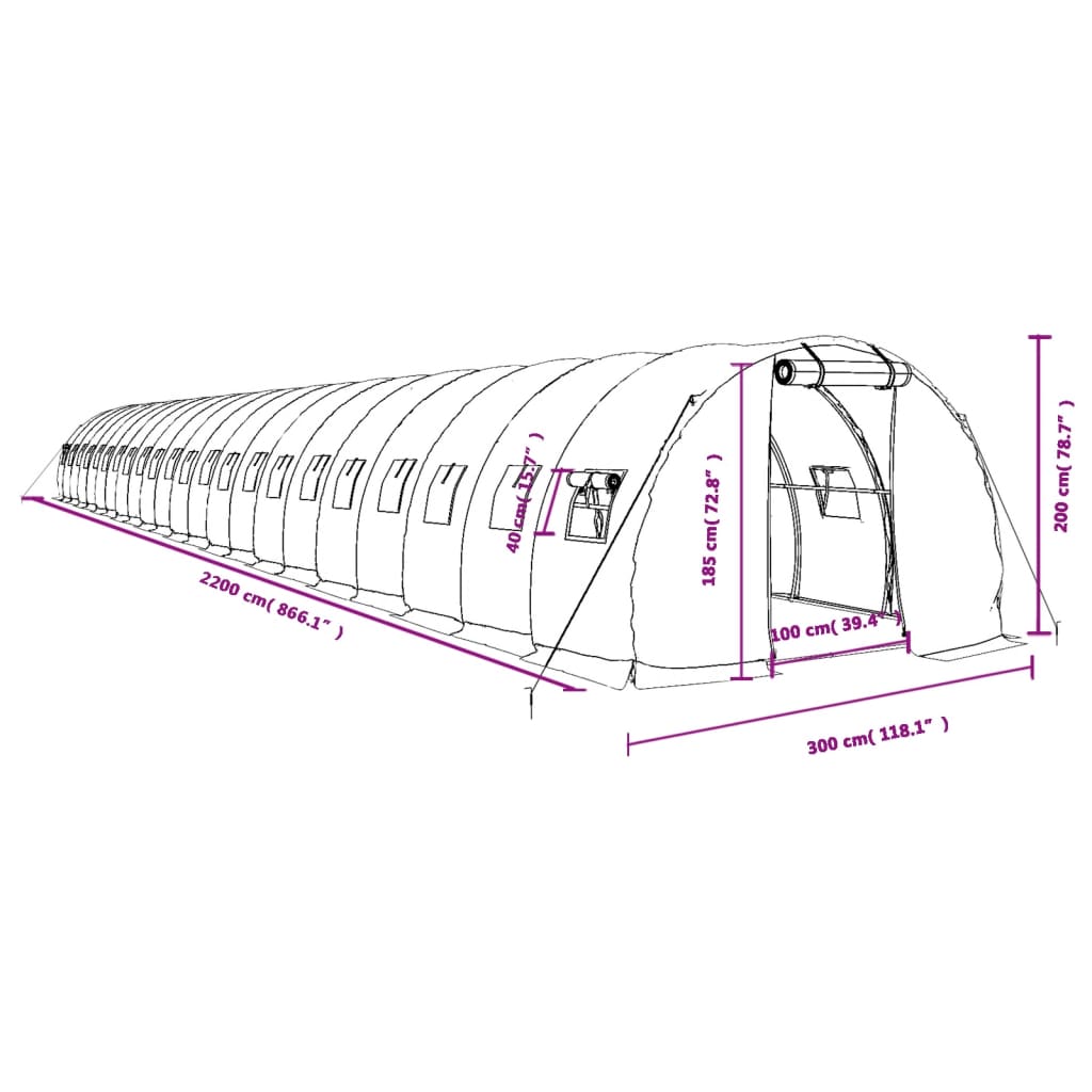 vidaXL fehér acélvázas melegház 66 m² 22x3x2 m