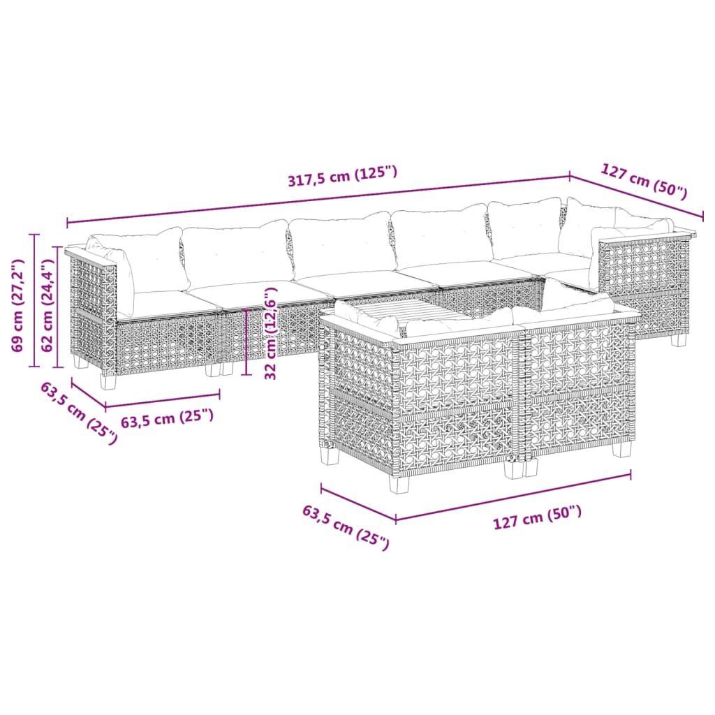 vidaXL 9 részes fekete polyrattan kerti ülőgarnitúra párnákkal