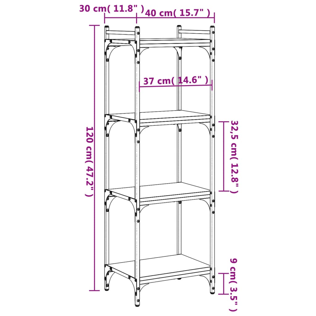 vidaXL 4 szintes fekete szerelt fa könyvespolc 40 x 30 x 120 cm