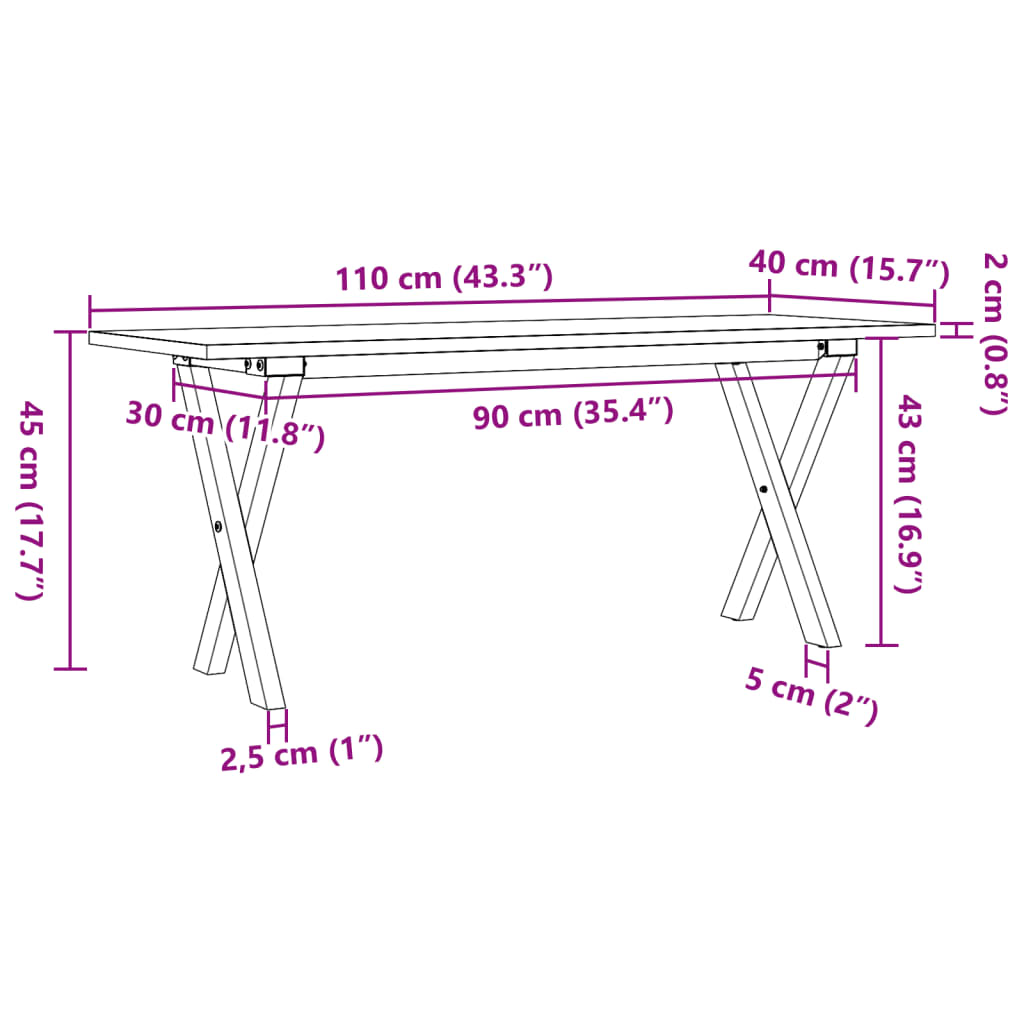 vidaXL tömör fenyőfa és öntöttvas dohányzóasztal X-vázzal 110x40x45 cm