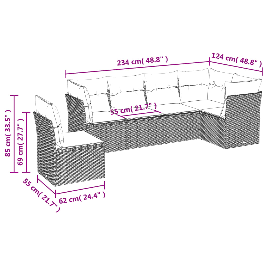 vidaXL 6 részes fekete polyrattan kerti ülőgarnitúra párnákkal