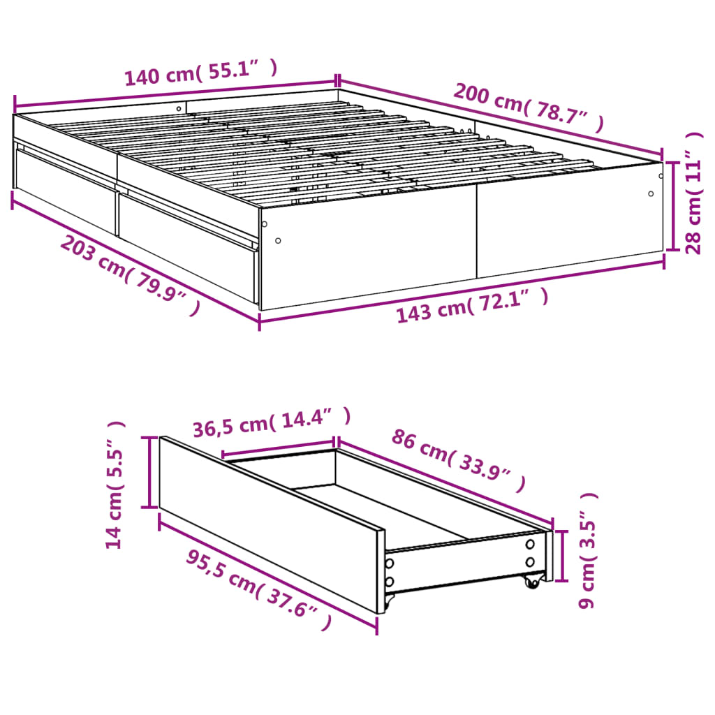 vidaXL füstös tölgy színű szerelt fa ágykeret fiókokkal 140x200 cm