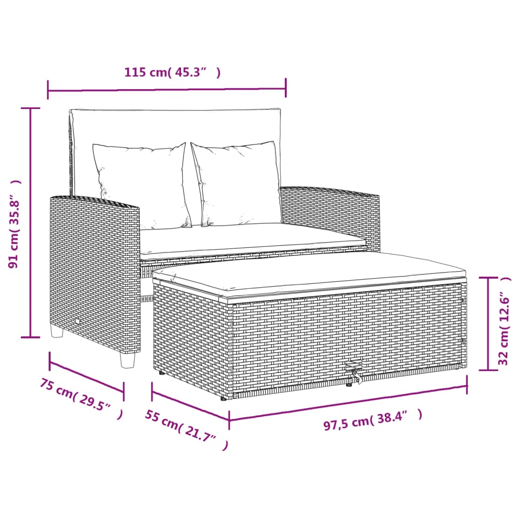 vidaXL 2 személyes fekete polyrattan/akácfa kerti kanapé párnával