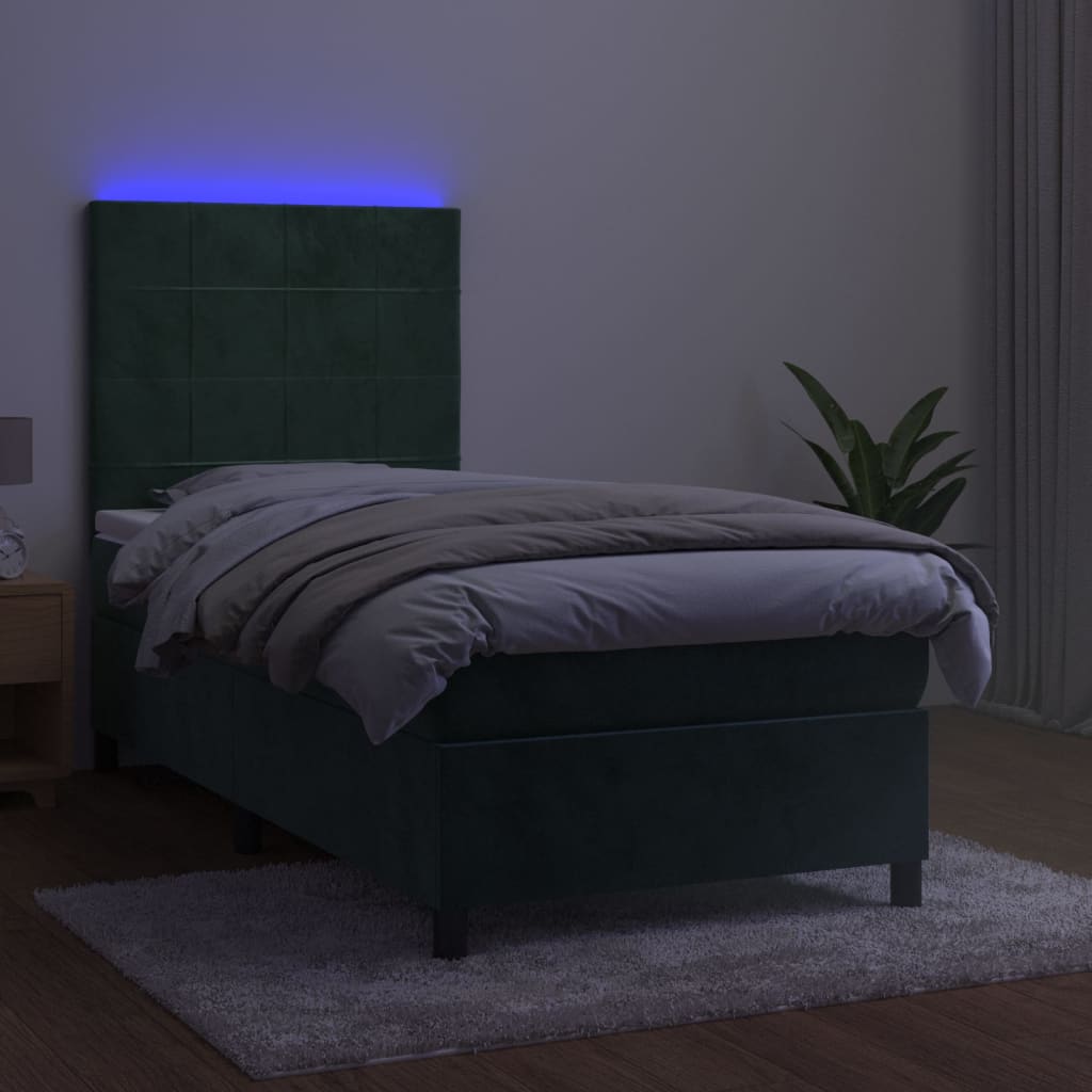 vidaXL sötétzöld bársony rugós és LED-es ágy matraccal 100x200 cm