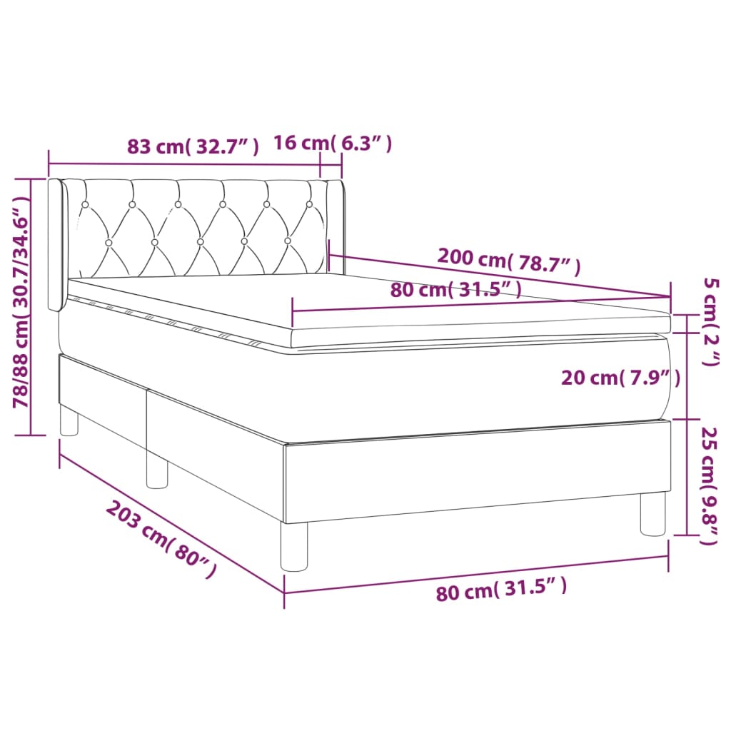 vidaXL sötétszürke bársony rugós ágy matraccal 80 x 200 cm