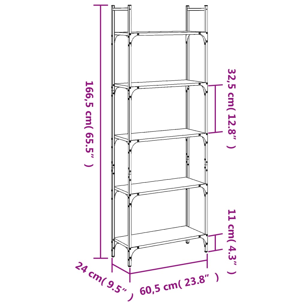 vidaXL 5 szintes fekete szerelt fa könyvespolc 60,5x24x166,5 cm