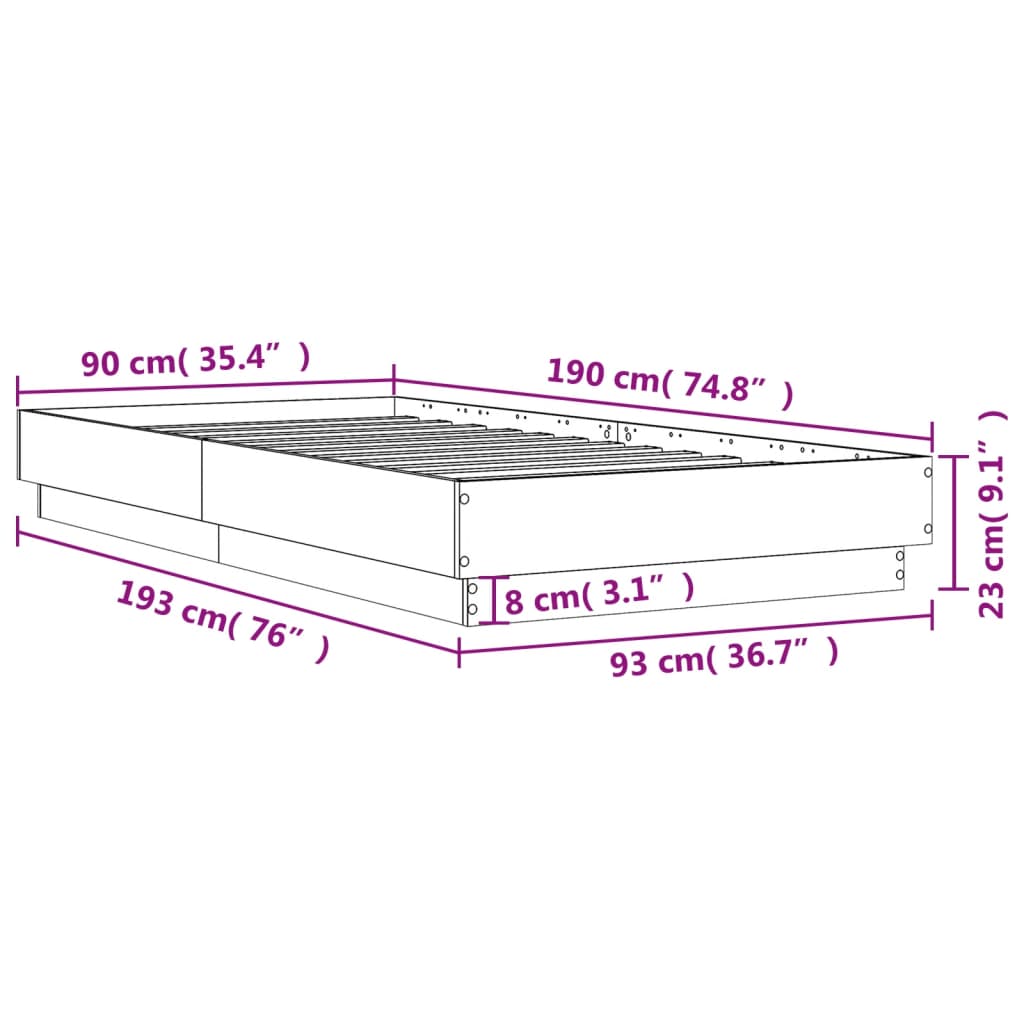 vidaXL betonszürke ágykeret LED-világítással 90x190 cm