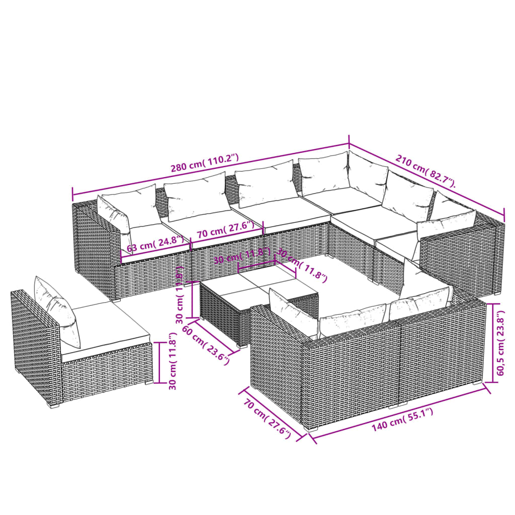 vidaXL 10 részes barna polyrattan kerti bútorszett párnákkal