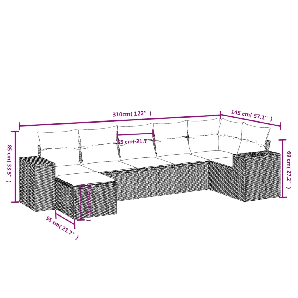 vidaXL 7 részes bézs polyrattan kerti ülőgarnitúra párnákkal