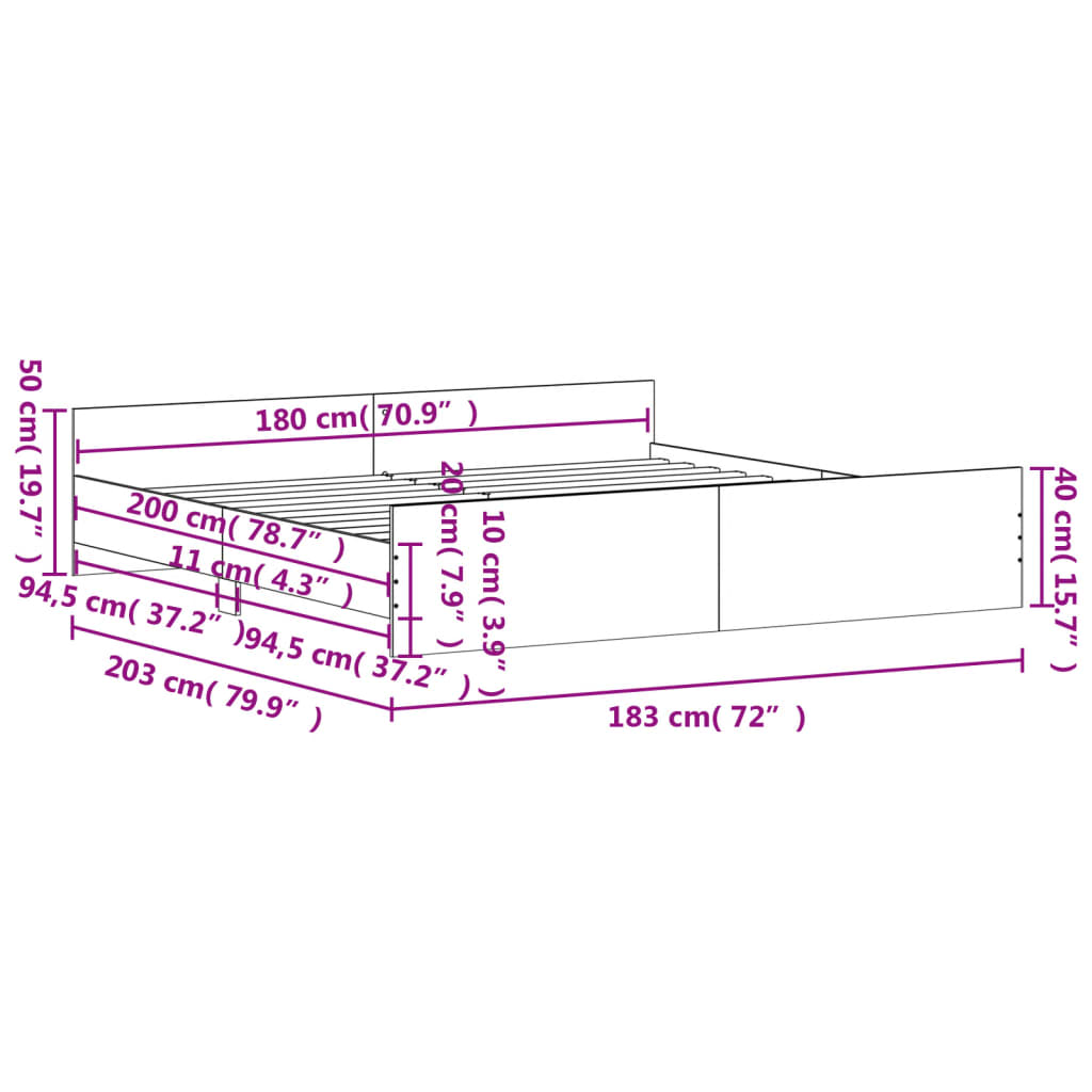 vidaXL füstös tölgy színű ágykeret fej- és lábtámlával 180 x 200 cm