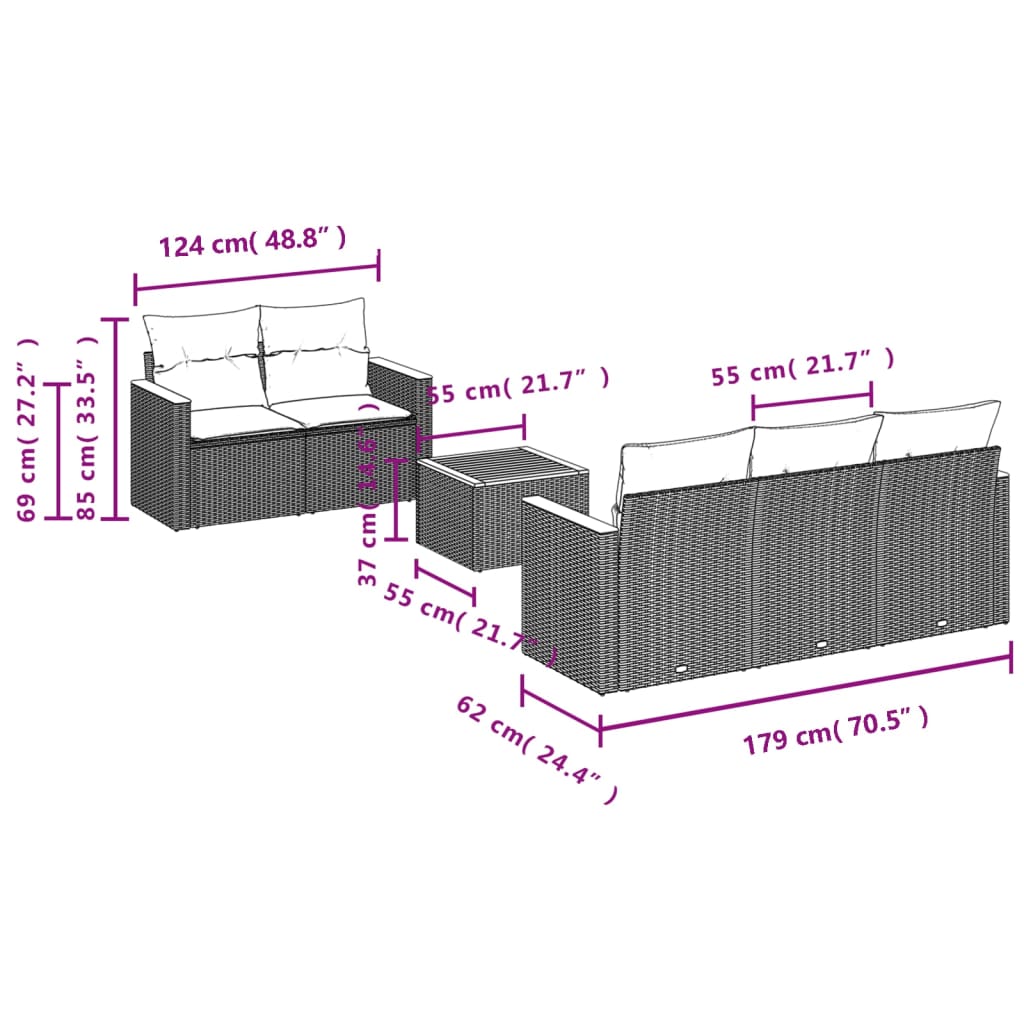 vidaXL 6 részes fekete polyrattan kerti ülőgarnitúra párnákkal