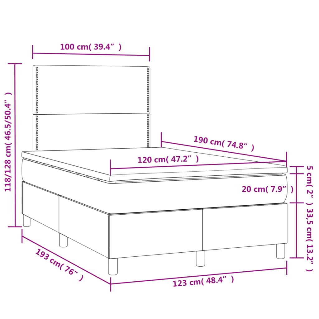 vidaXL kék szövet rugós és LED-es ágy matraccal 120x190 cm