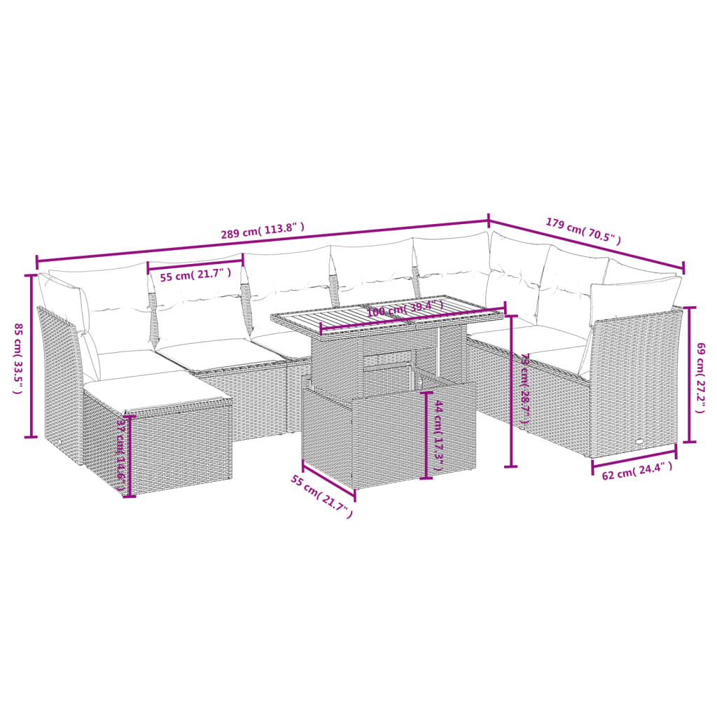 vidaXL 9 részes fekete polyrattan kerti ülőgarnitúra párnákkal