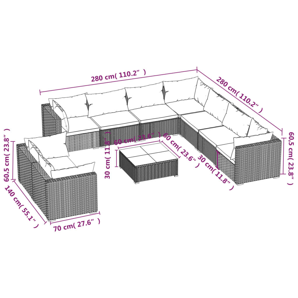 vidaXL 10 részes fekete polyrattan kerti ülőgarnitúra párnákkal