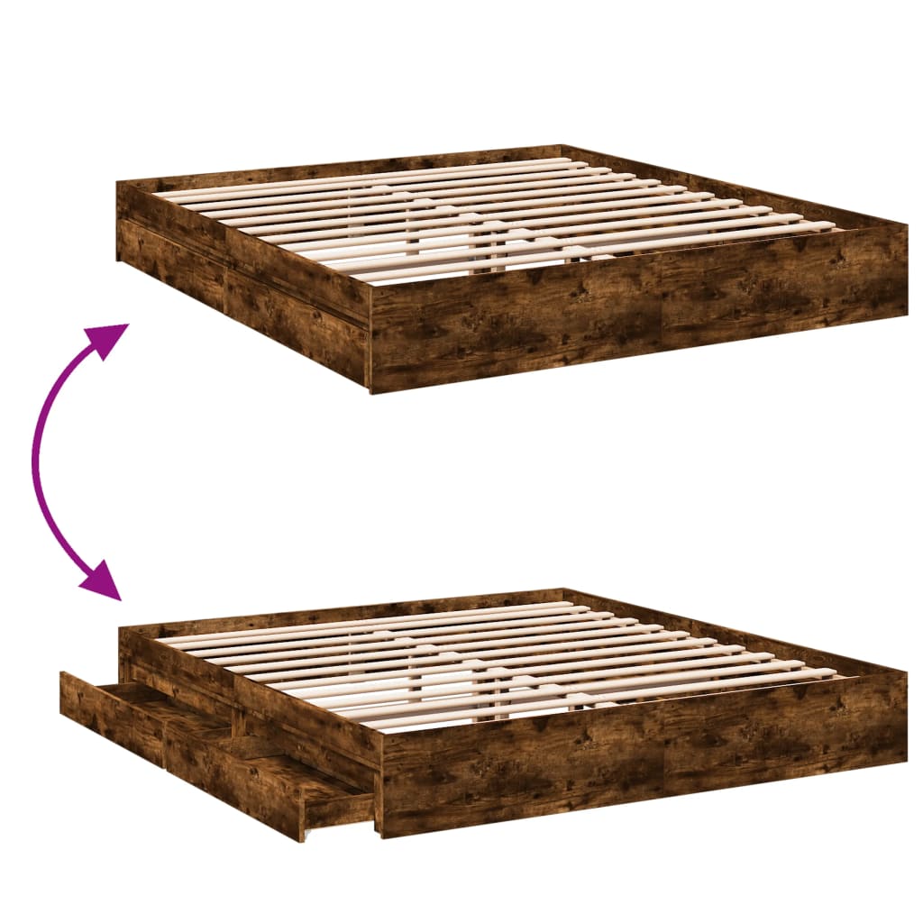 vidaXL füstös tölgy színű szerelt fa ágykeret fiókokkal 200 x 200 cm