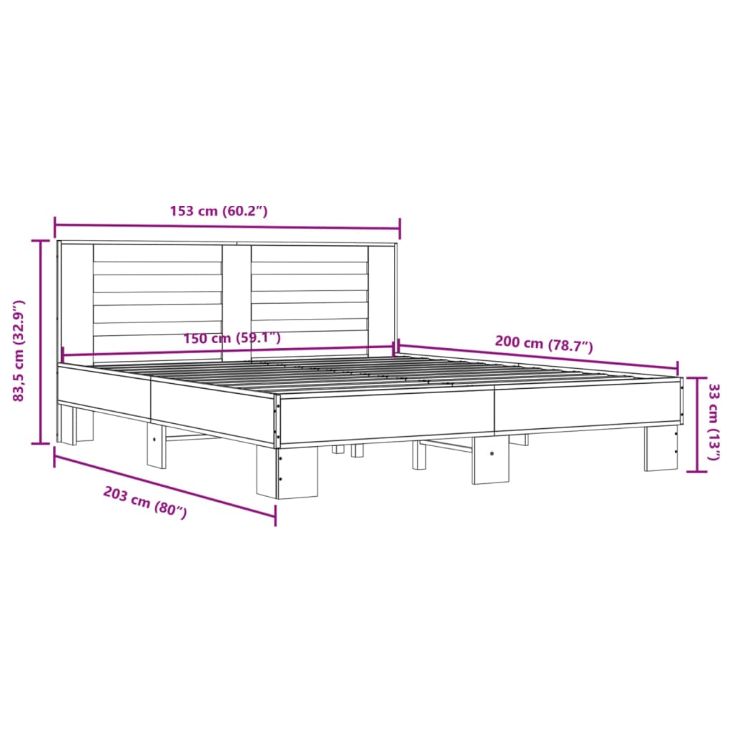 vidaXL szürke sonoma szerelt fa és fém ágykeret 150 x 200 cm