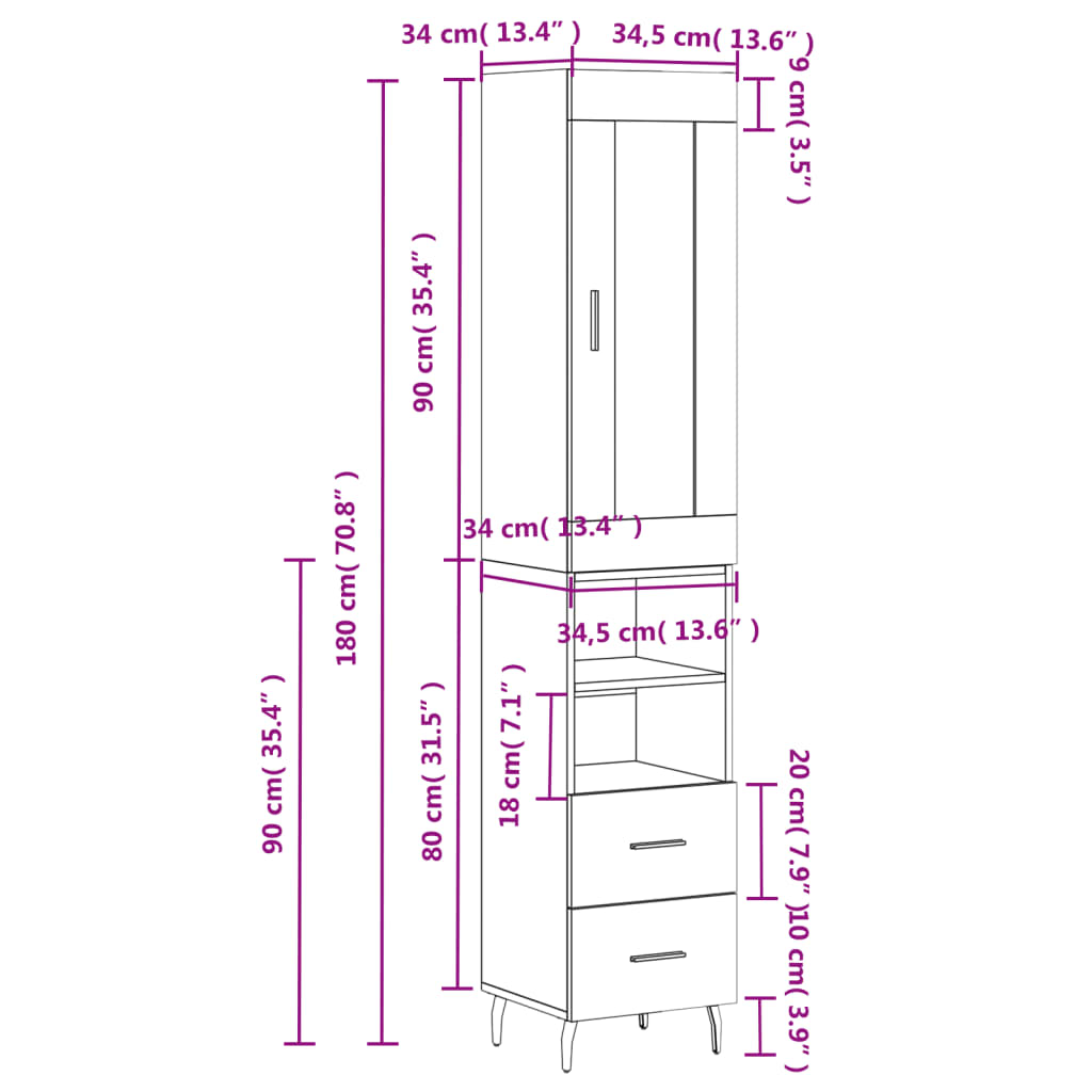 vidaXL barna tölgy színű szerelt fa magasszekrény 34,5x34x180 cm