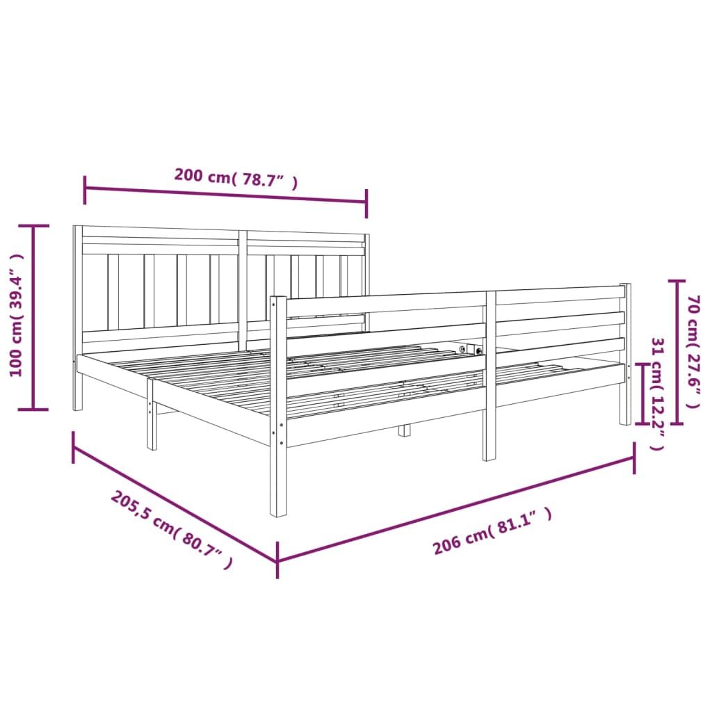 vidaXL fehér tömör fa ágykeret 200 x 200 cm