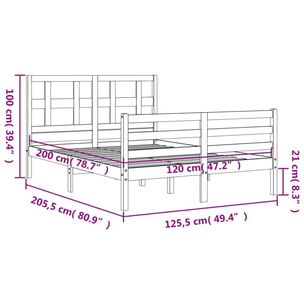 vidaXL tömör fa ágykeret fejtámlával 120 x 200 cm