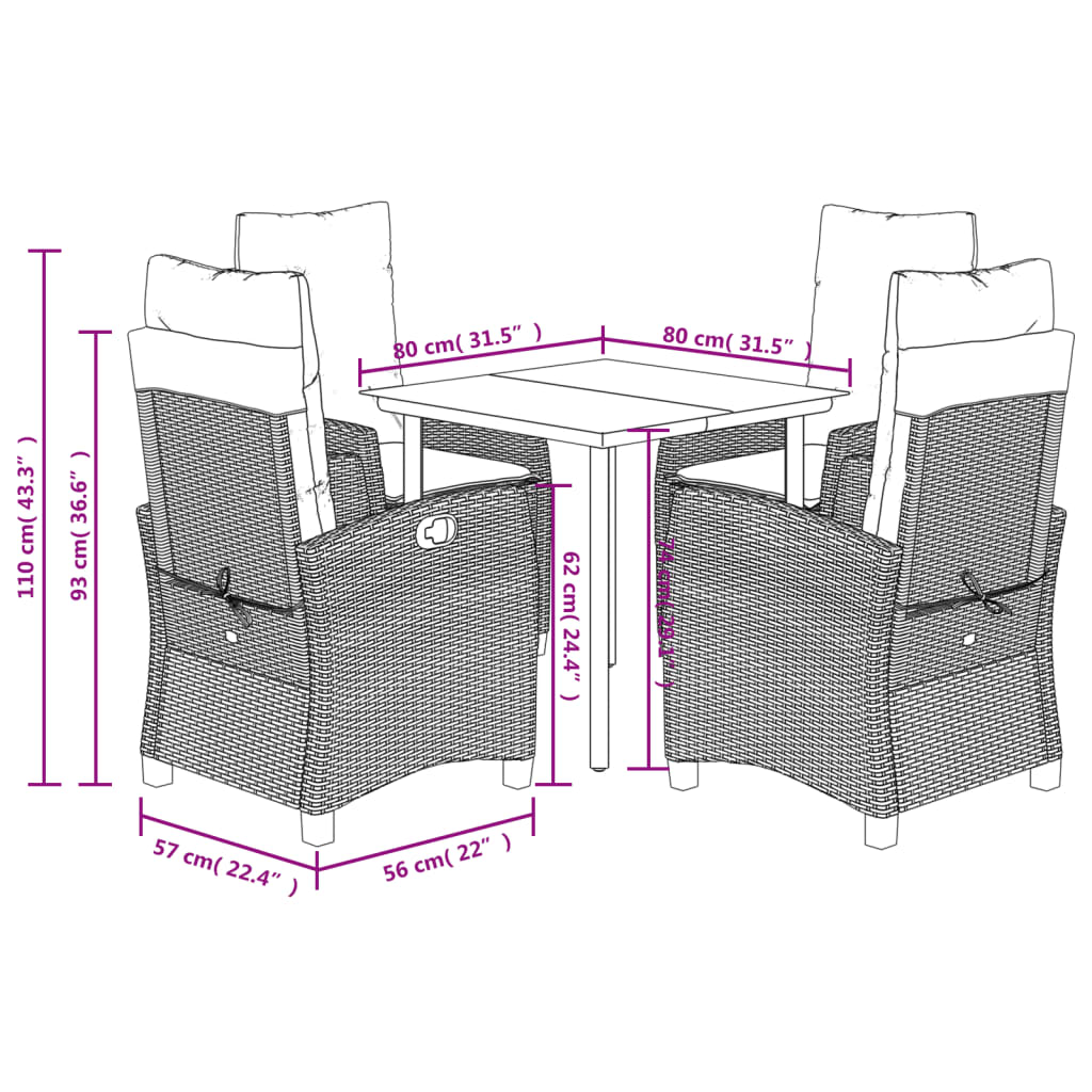 vidaXL 5 részes fekete polyrattan kerti étkezőgarnitúra párnákkal