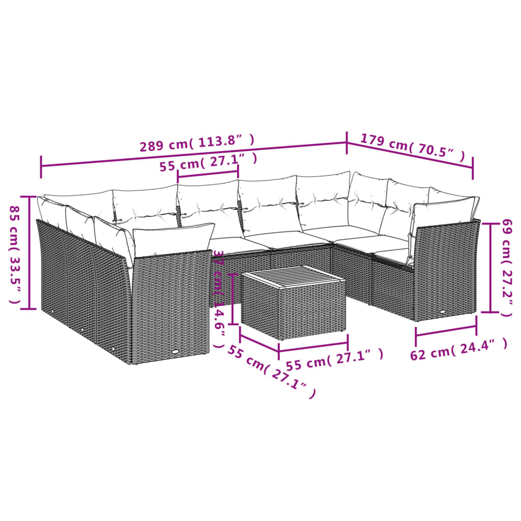 vidaXL 10 részes bézs polyrattan kerti ülőgarnitúra párnával