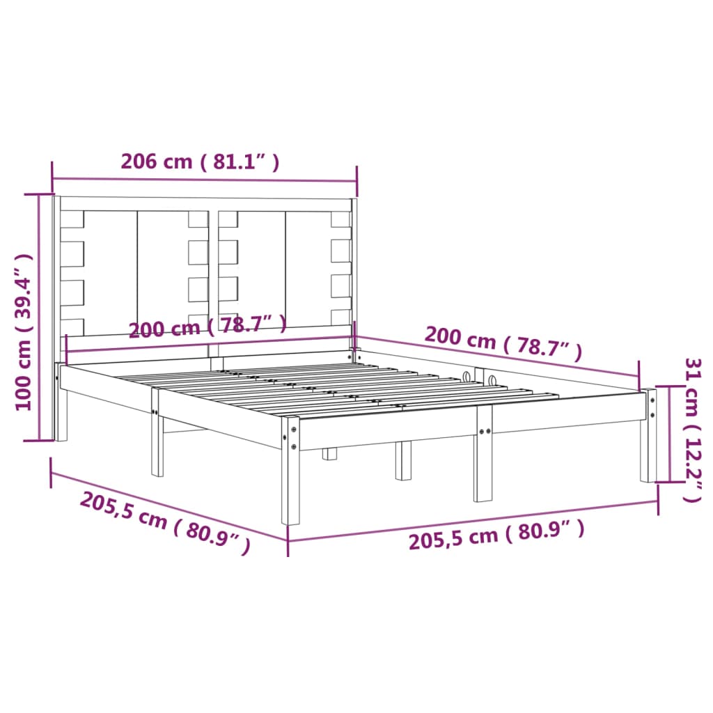 vidaXL fekete tömör fenyőfa ágykeret 200 x 200 cm