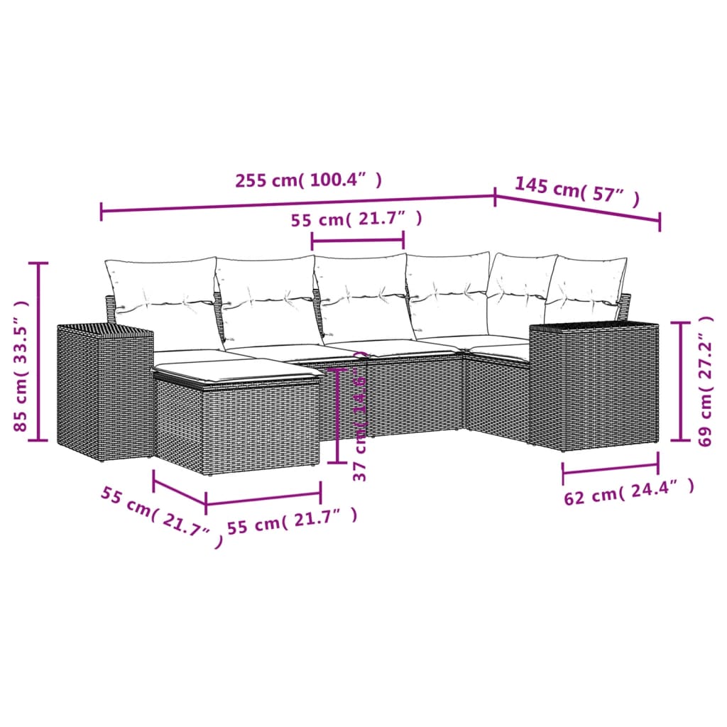 vidaXL 6 részes fekete polyrattan kerti ülőgarnitúra párnákkal