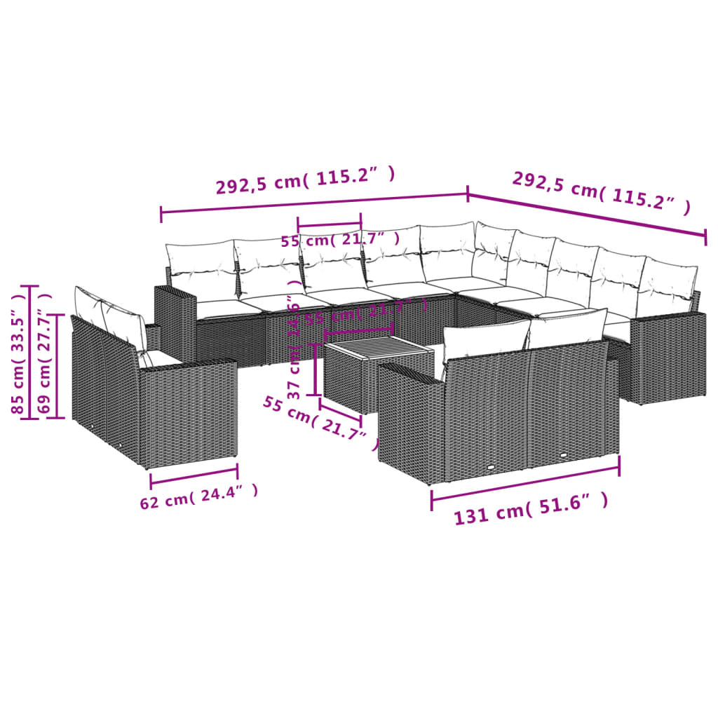 vidaXL 14 részes fekete polyrattan kerti ülőgarnitúra párnákkal