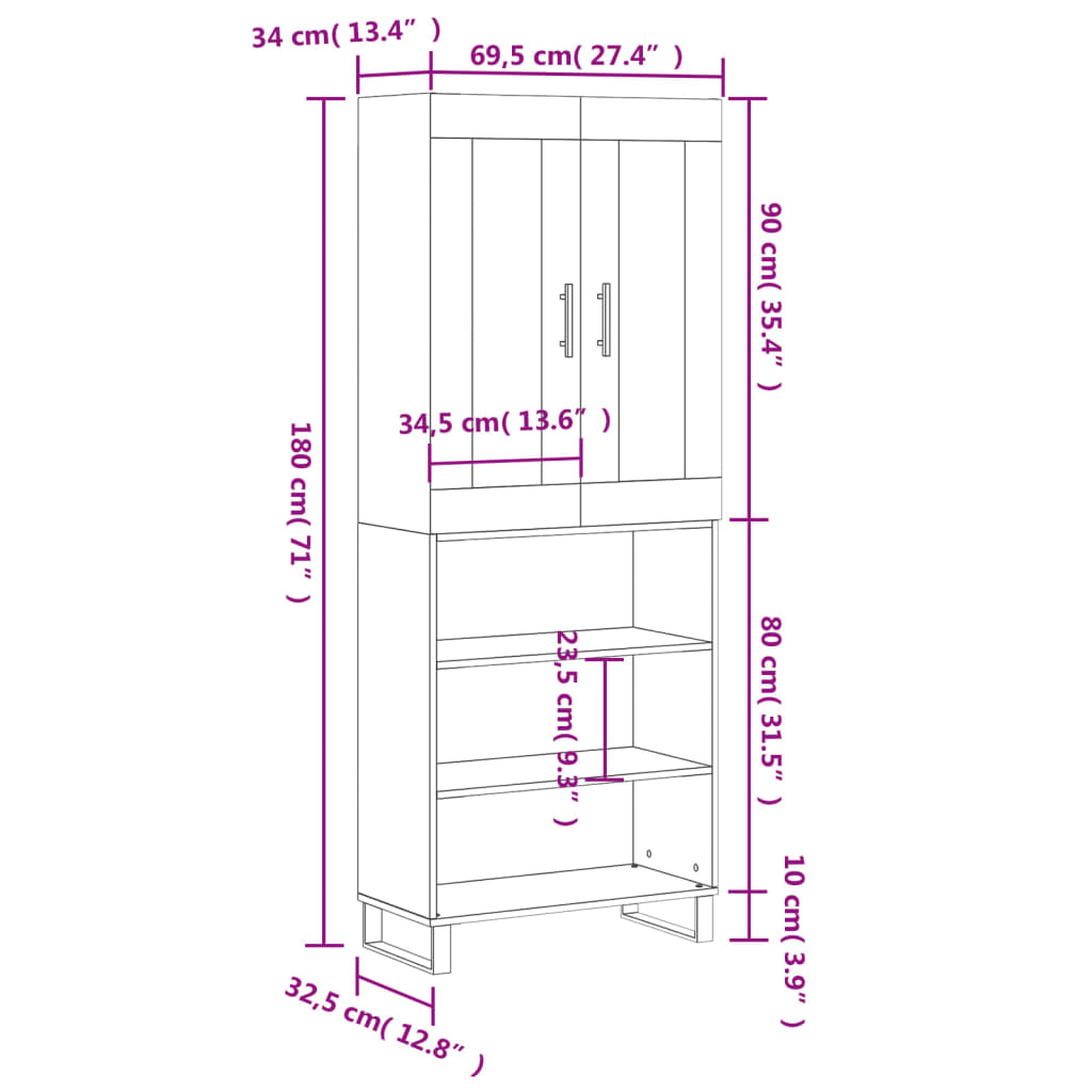 vidaXL fekete szerelt fa magasszekrény 69,5 x 34 x 180 cm