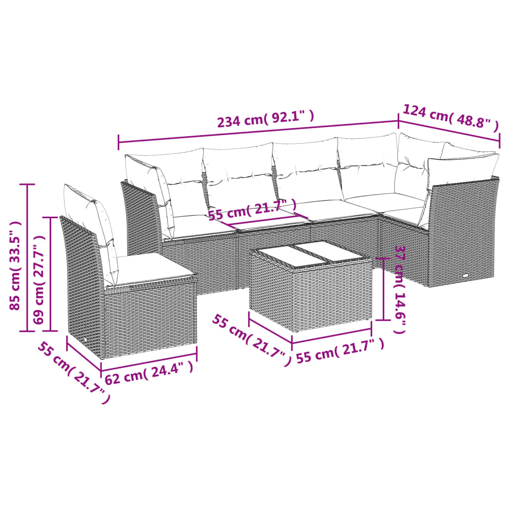 vidaXL 7 részes fekete polyrattan kerti ülőgarnitúra párnával