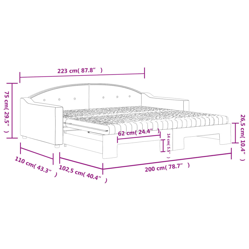 vidaXL krémszínű kihúzható szövet heverő matracokkal 100x200 cm