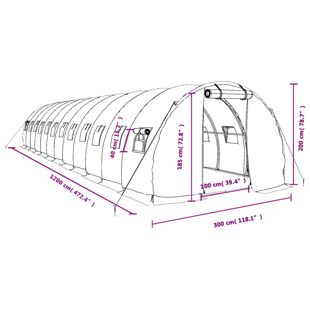 vidaXL fehér acélvázas melegház 36 m² 12 x 3 x 2 m