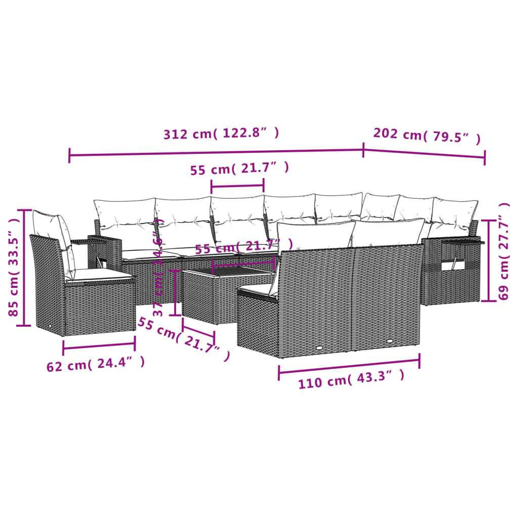 vidaXL 11 részes szürke polyrattan kerti ülőgarnitúra párnákkal