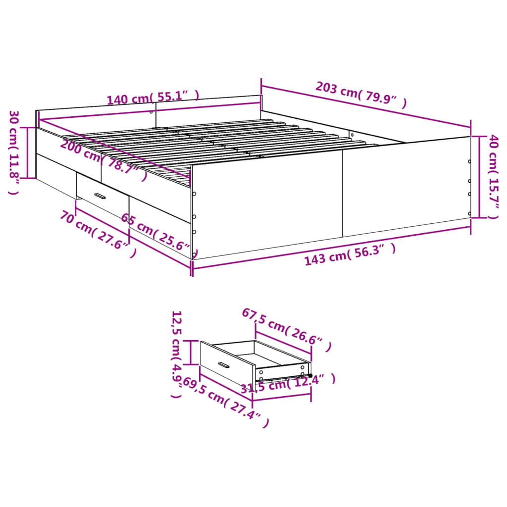 vidaXL betonszürke szerelt fa ágykeret fiókokkal 140x200 cm