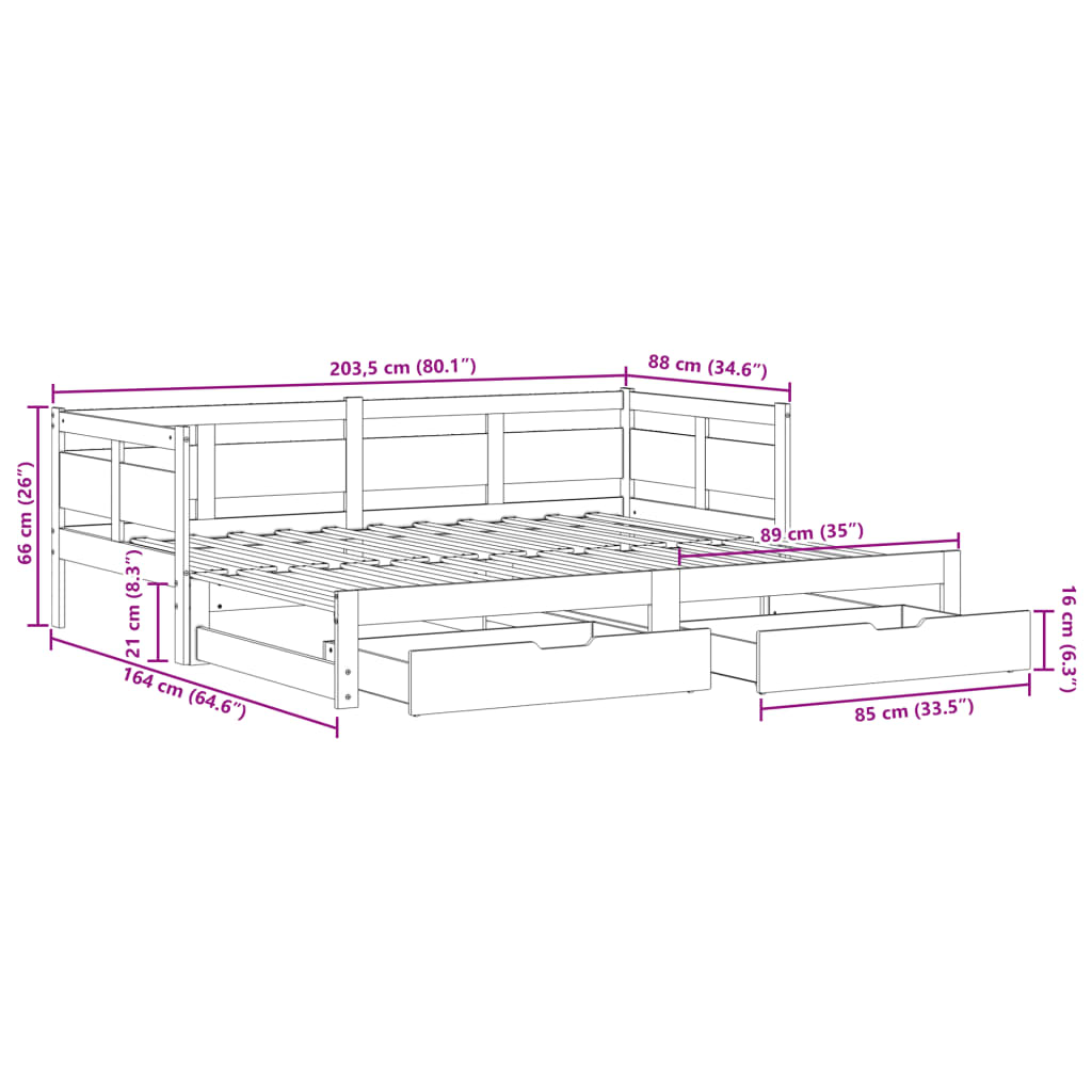 vidaXL fehér tömör fenyőfa kihúzható kanapéágy fiókkal 80x200 cm