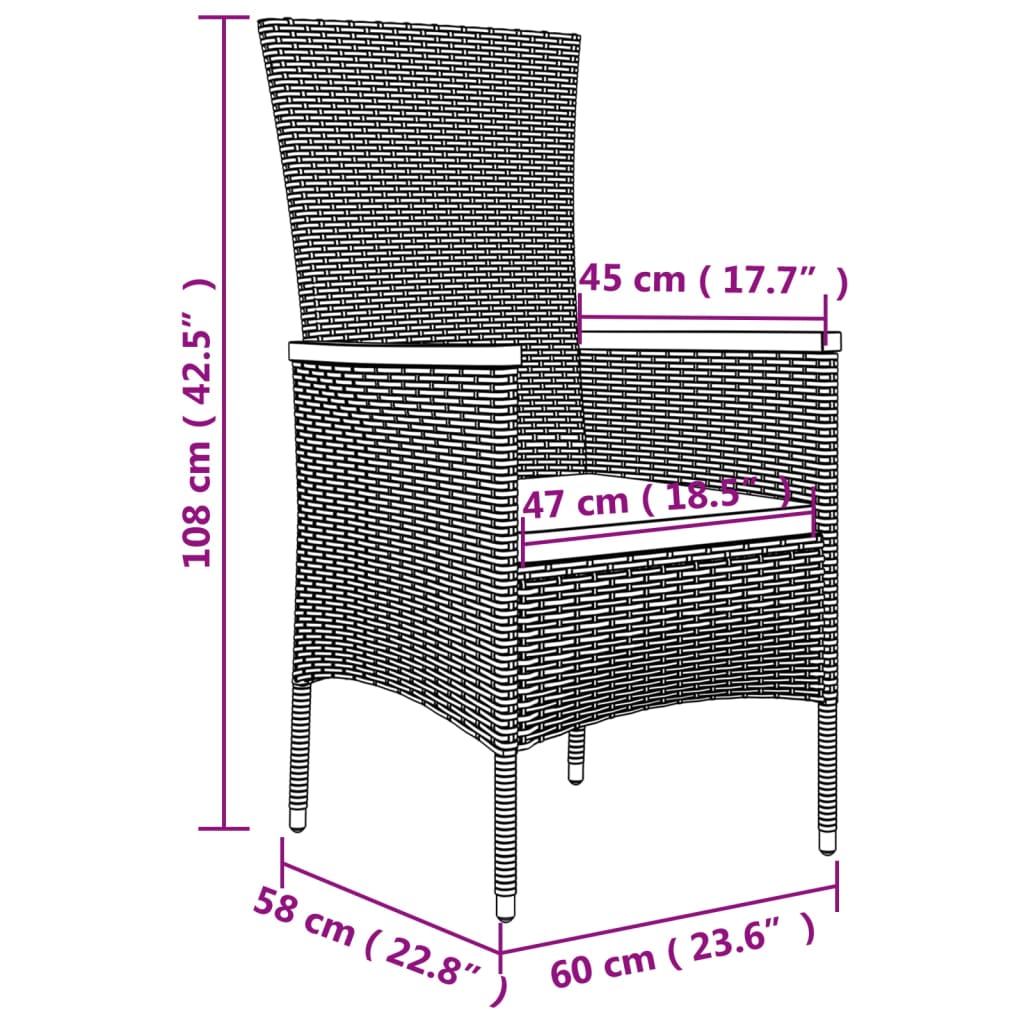 vidaXL 2 db fekete polyrattan kerti szék párnával