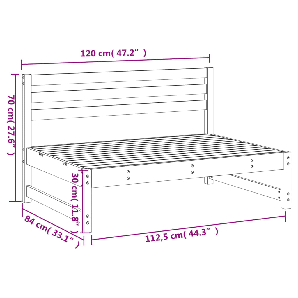 vidaXL fekete kerti tömör fenyőfa középső kanapé 120 x 80 cm