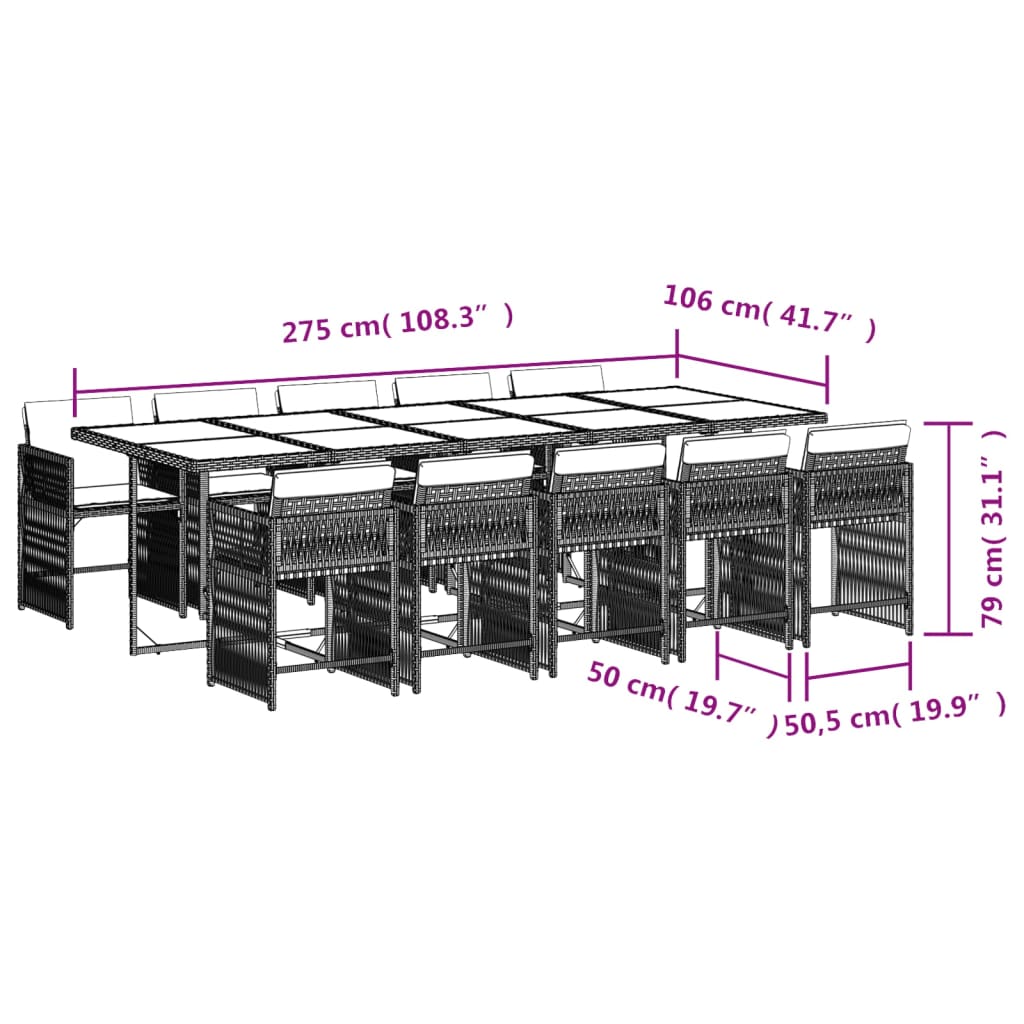 vidaXL 11 részes fekete polyrattan kerti étkezőgarnitúra párnákkal