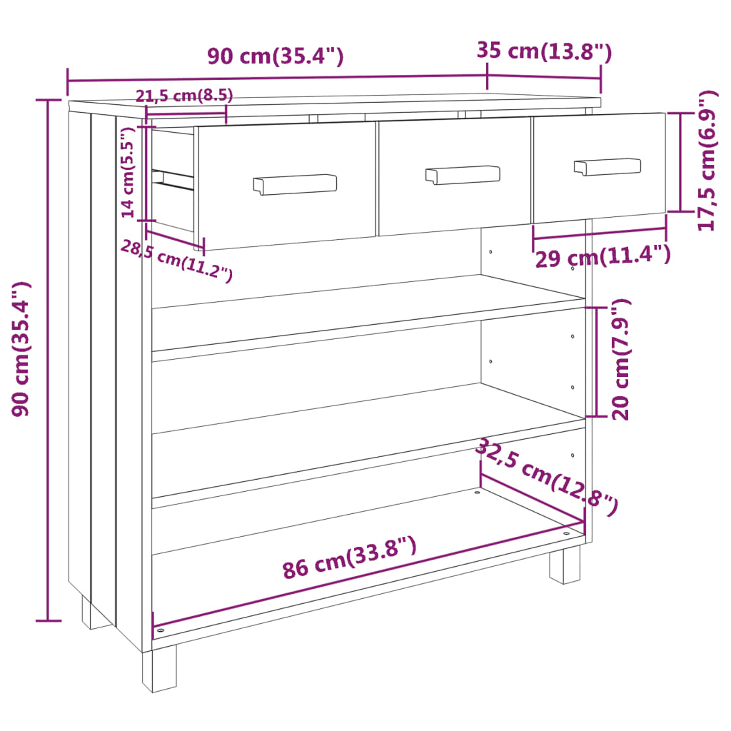 vidaXL HAMAR mézbarna tömör fenyőfa tálalóasztal 90 x 35 x 90 cm