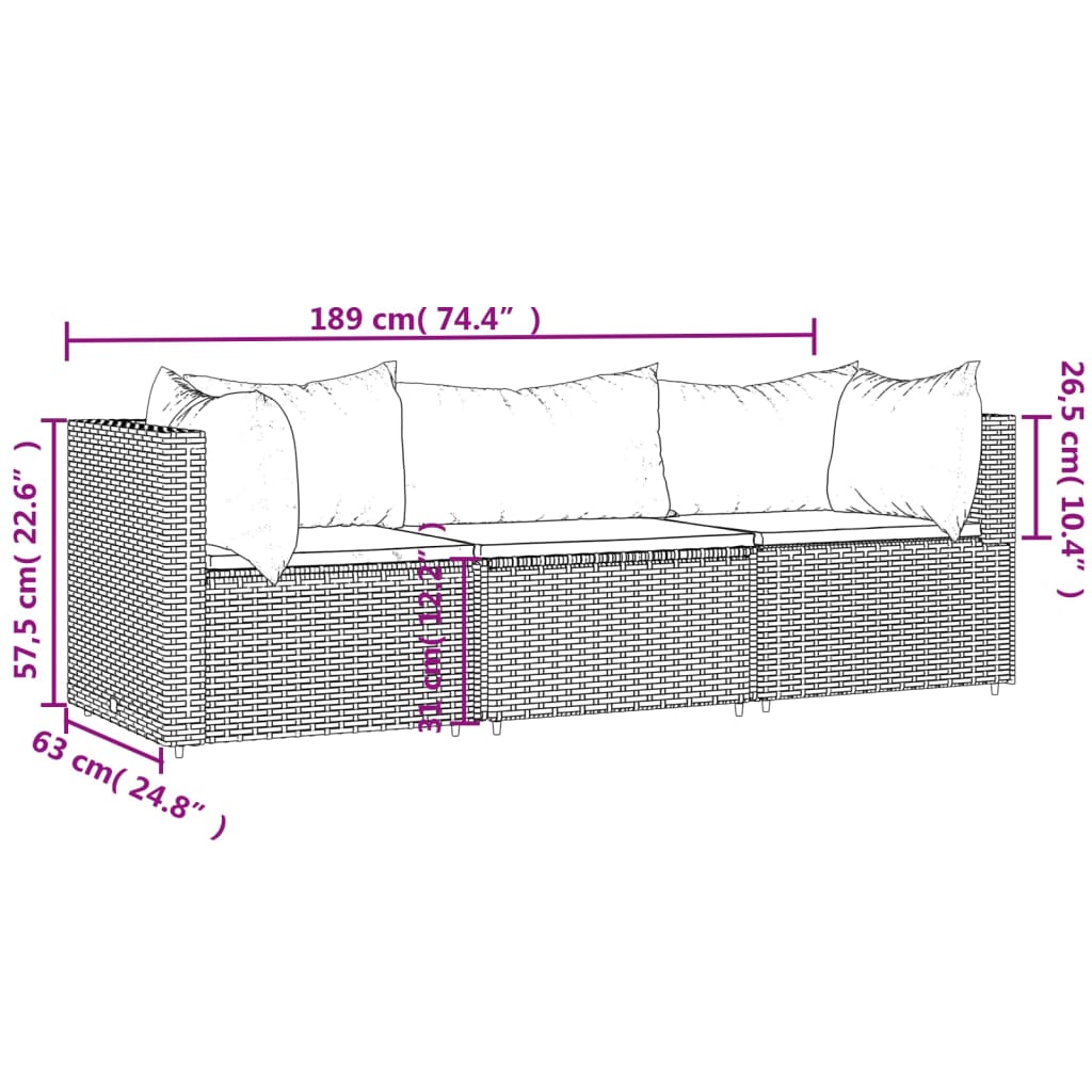 vidaXL 3 részes szürke polyrattan kerti ülőgarnitúra párnákkal