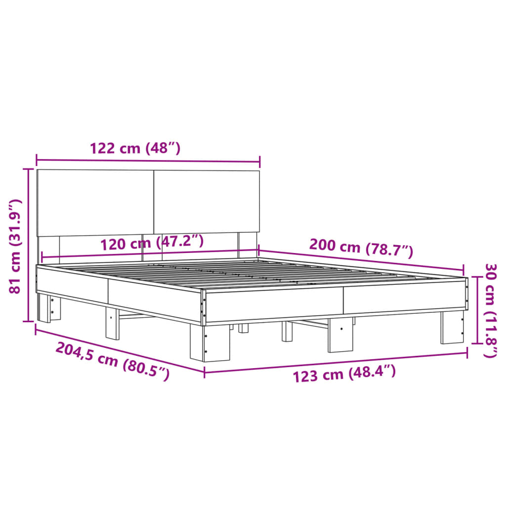 vidaXL sonoma tölgyszínű szerelt fa és fém ágykeret 120 x 200 cm