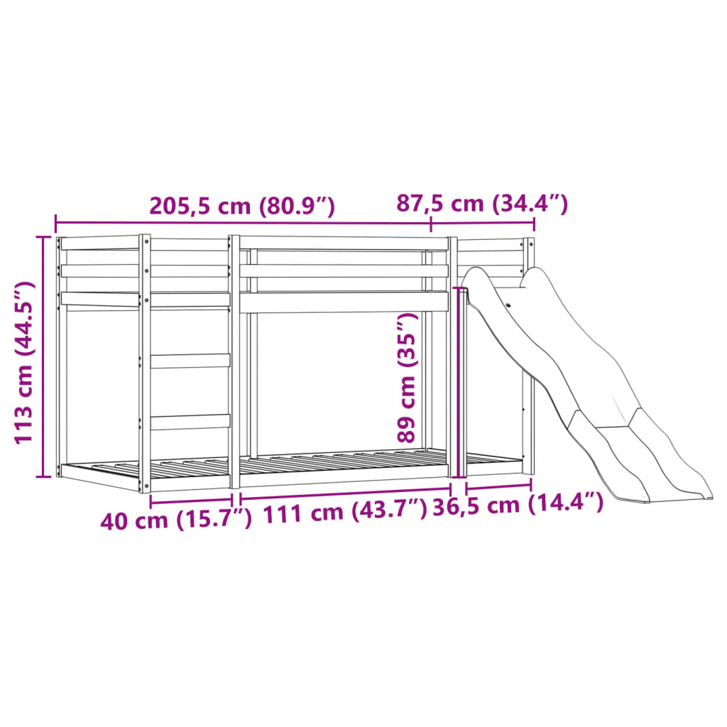 vidaXL fehér-fekete emeletes ágy csúszdával és függönnyel 80 x 200 cm