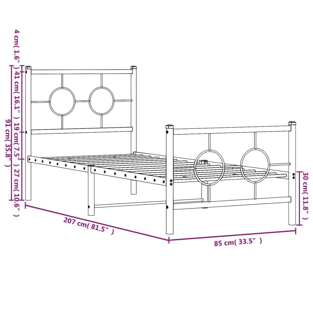 vidaXL fekete fém ágykeret fej- és lábtámlával 80 x 200 cm