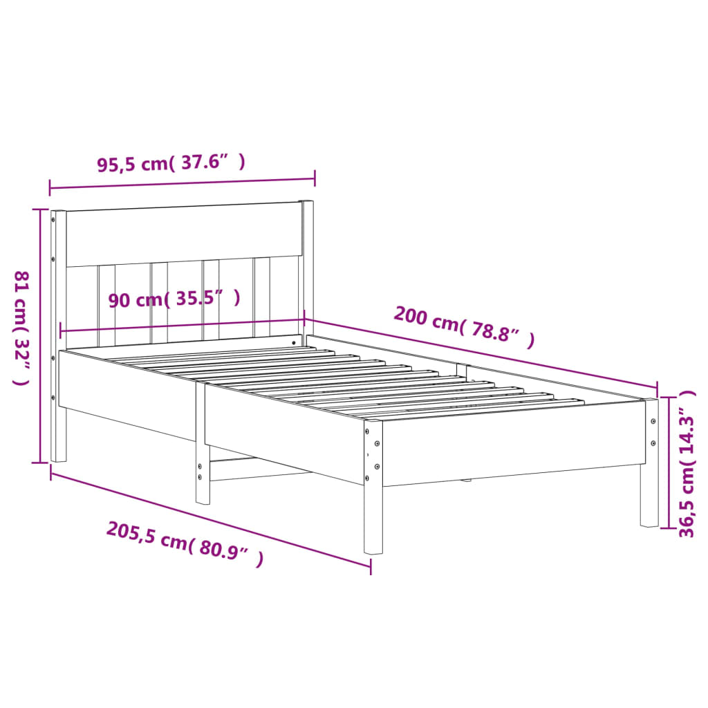 vidaXL tömör fenyőfa ágykeret fejtámlával 90 x 200 cm