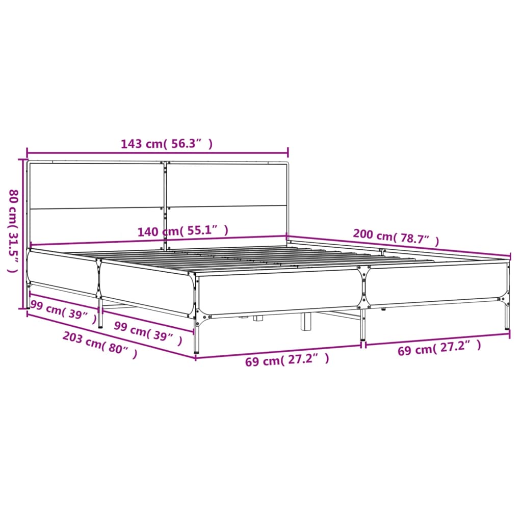 vidaXL füstös tölgy színű szerelt fa és fém ágykeret 140 x 200 cm