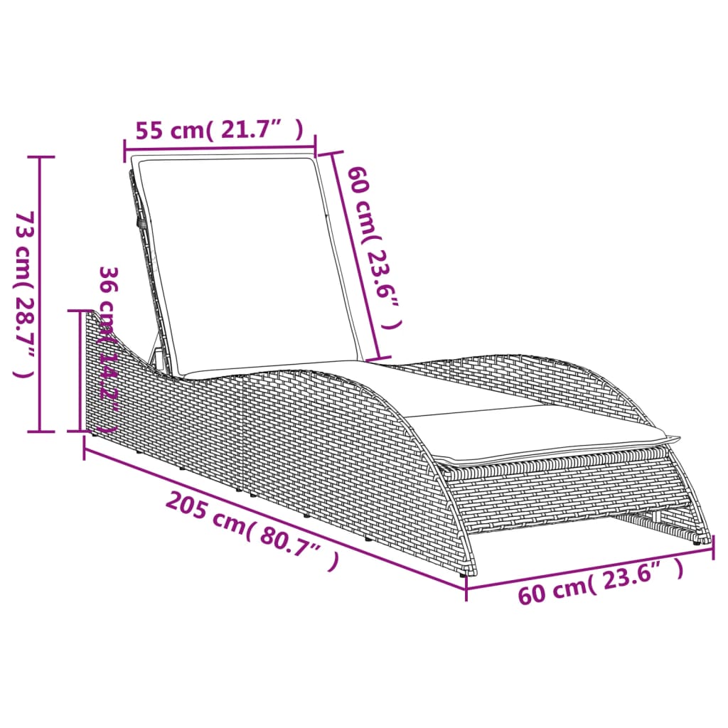 vidaXL világosszürke polyrattan napozóágy párnával 60x205x73 cm