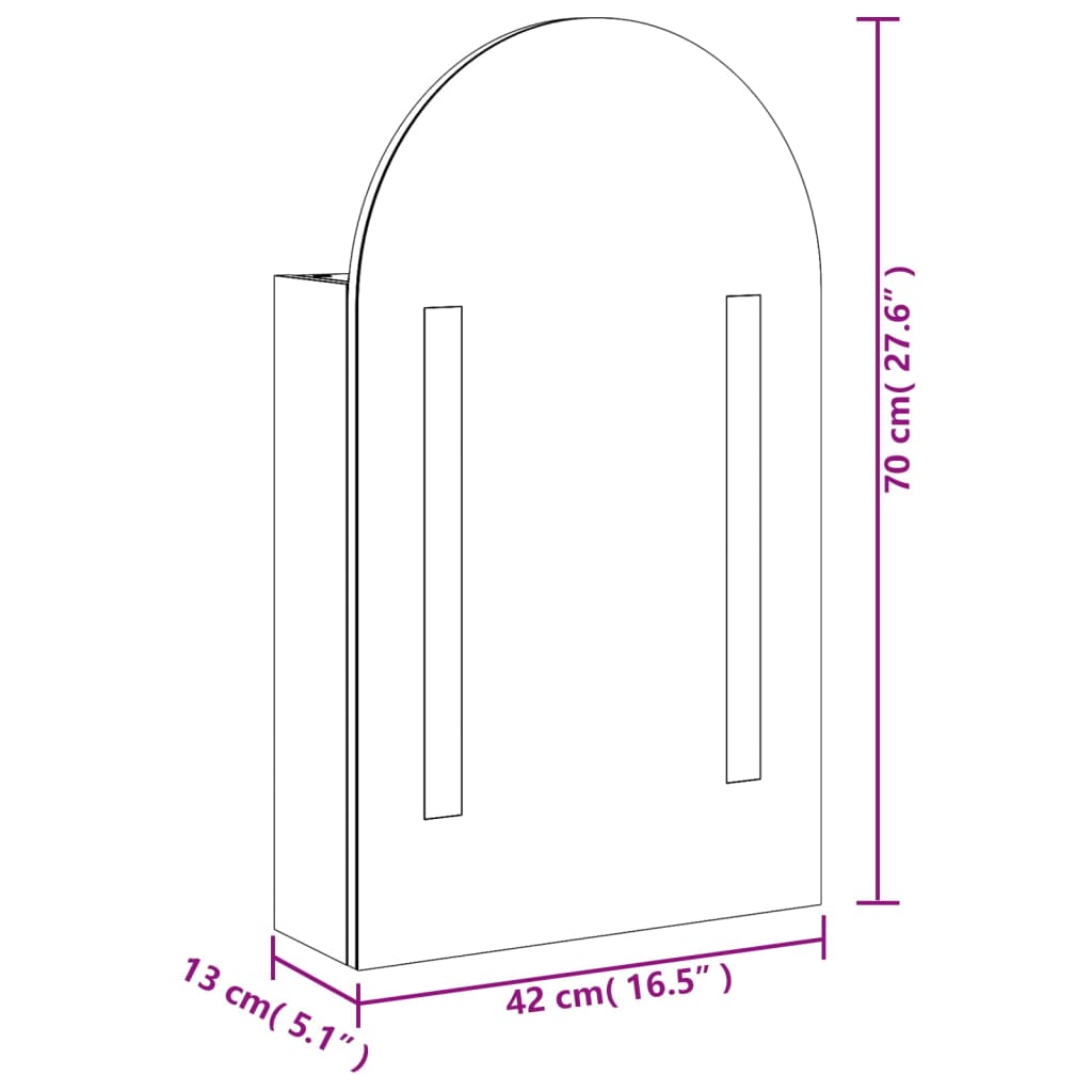 vidaXL tölgyszínű fürdőszobai ívelt tükörszekrény LED-del 42x13x70 cm