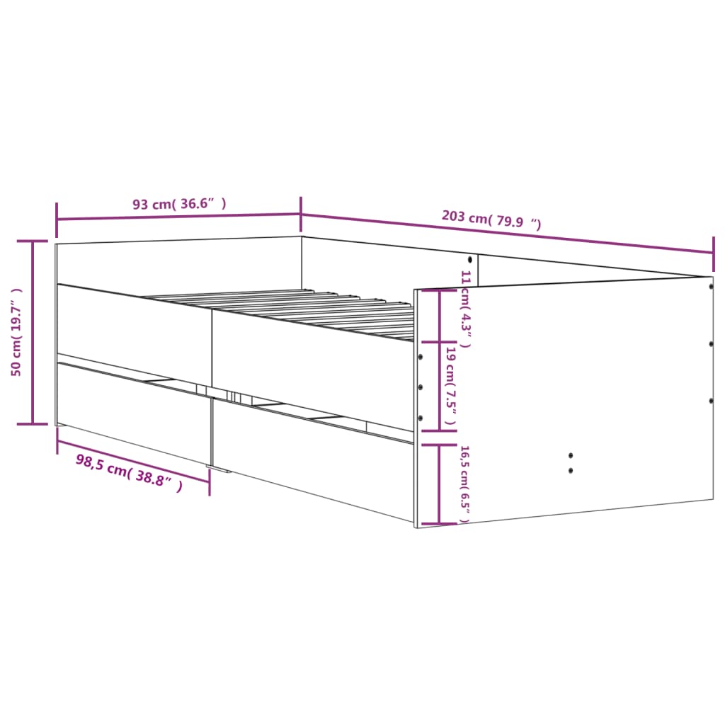 vidaXL szürke sonoma tölgy színű műfa ágykeret fiókokkal 90 x 200 cm