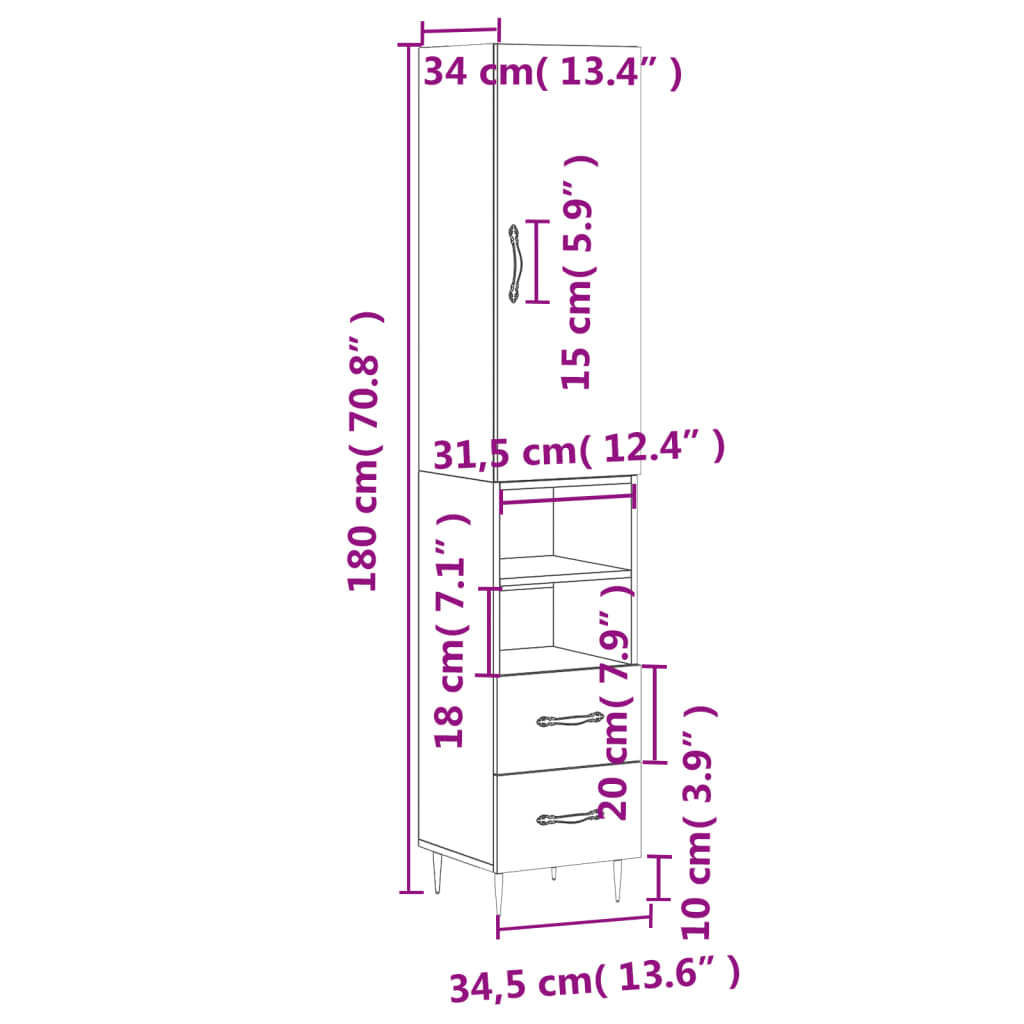 vidaXL fekete szerelt fa magasszekrény 34,5 x 34 x 180 cm