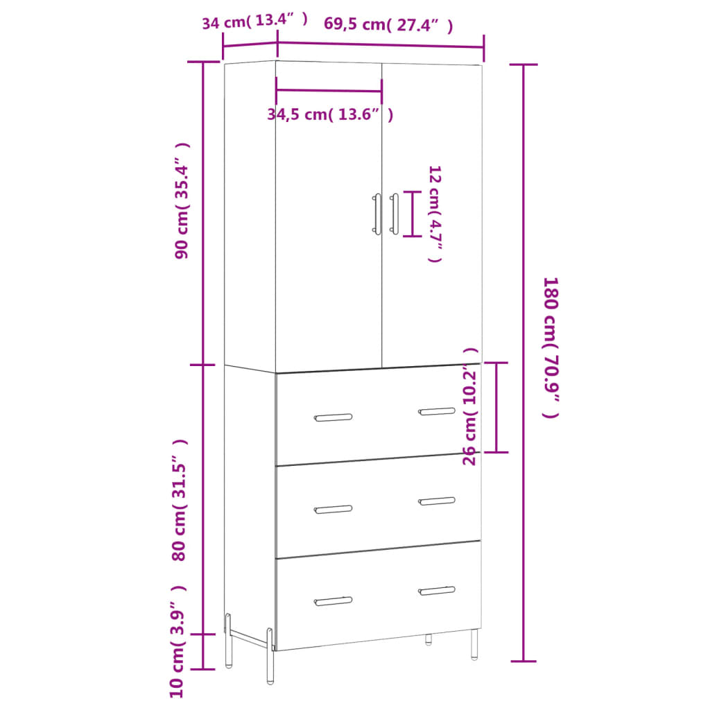 vidaXL barna tölgy színű szerelt fa magasszekrény 69,5 x 34 x 180 cm